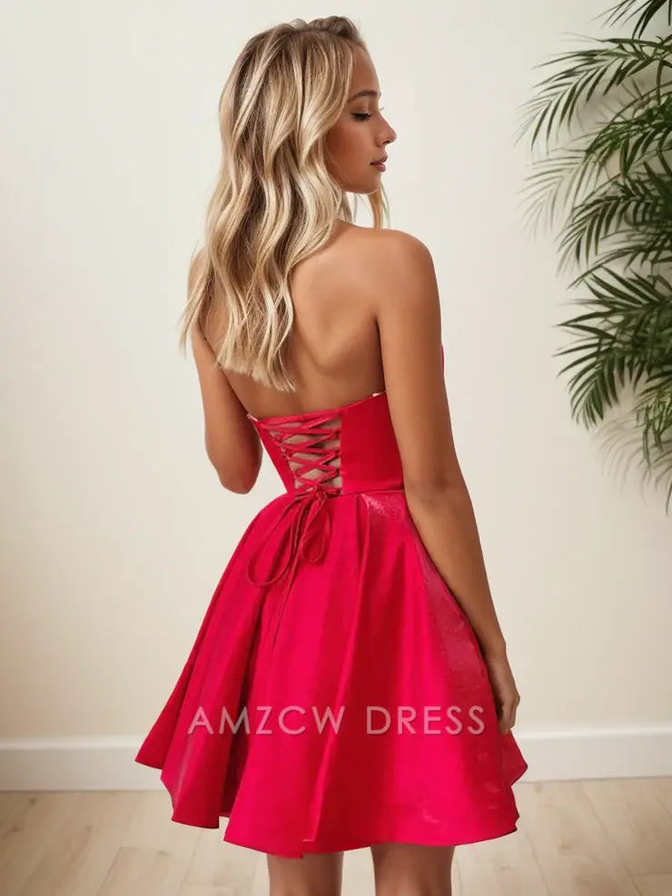 Amzcw Cute A Line Sweetheart Red Satin Short Homecoming Dressees formal wear dresses