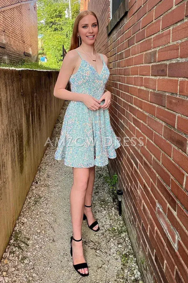 Amzcw Cute A Line V Neck Sage Green Sequins Short Homecoming Dresses formal wear dresses