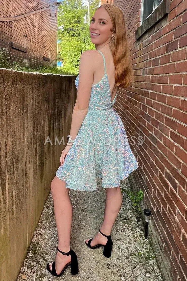 Amzcw Cute A Line V Neck Sage Green Sequins Short Homecoming Dresses formal wear dresses