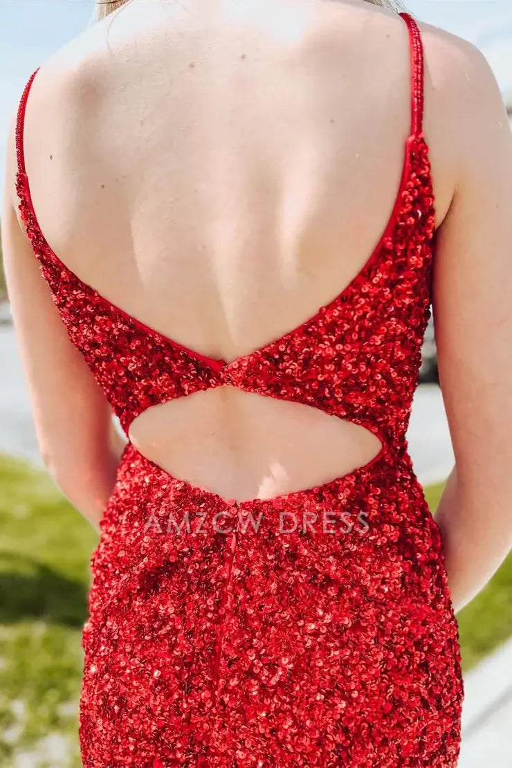 Amzcw Cute Bodycon Scoop Neck Red Sequins Short Homecoming Dresses