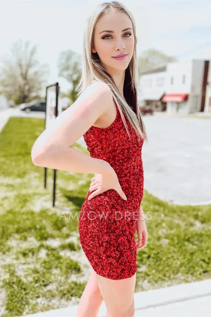 Amzcw Cute Bodycon Scoop Neck Red Sequins Short Homecoming Dresses