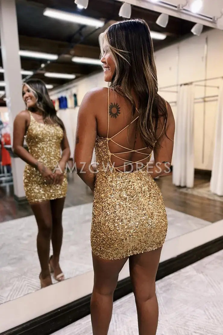 Amzcw Cute Bodycon Square Neck Gold Sequins Short Homecoming Dress formal wear dresses