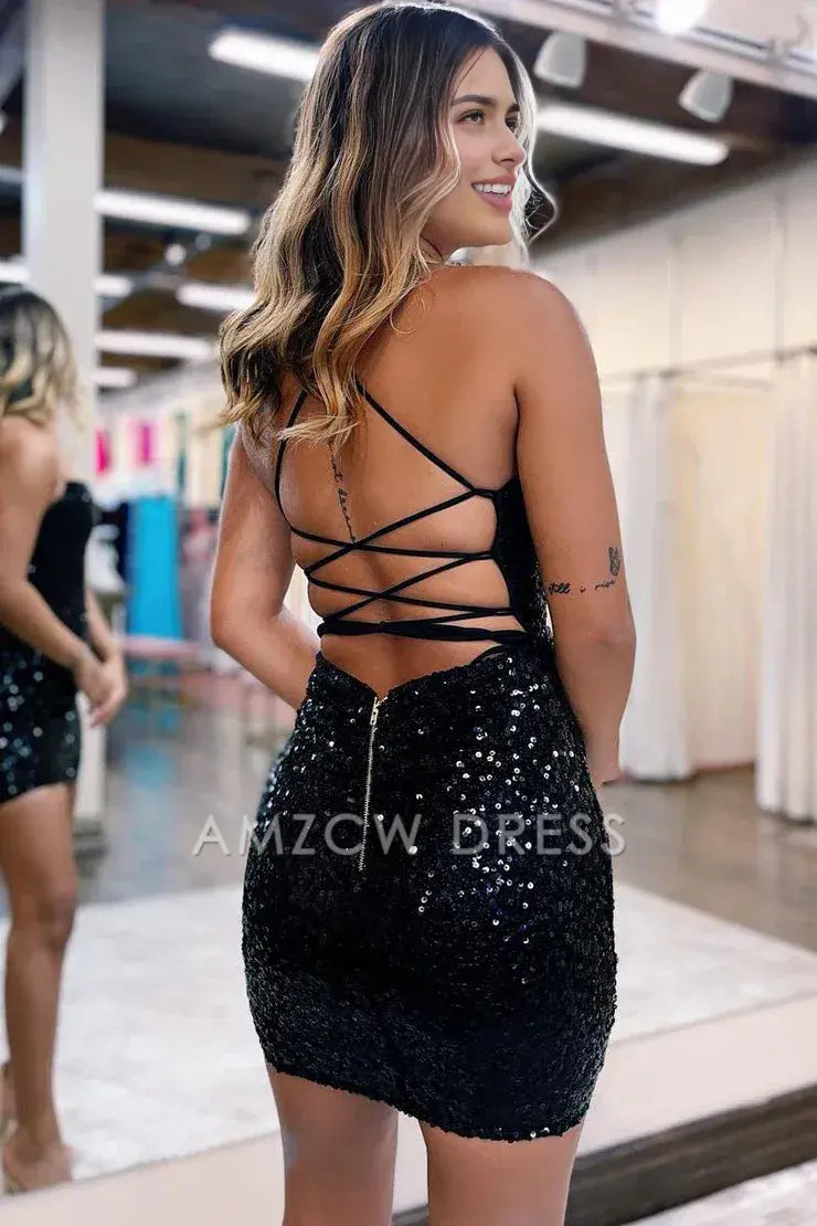 Amzcw Cute Bodycon Straps Black Sequins Short Homecoming Dresses formal wear dresses
