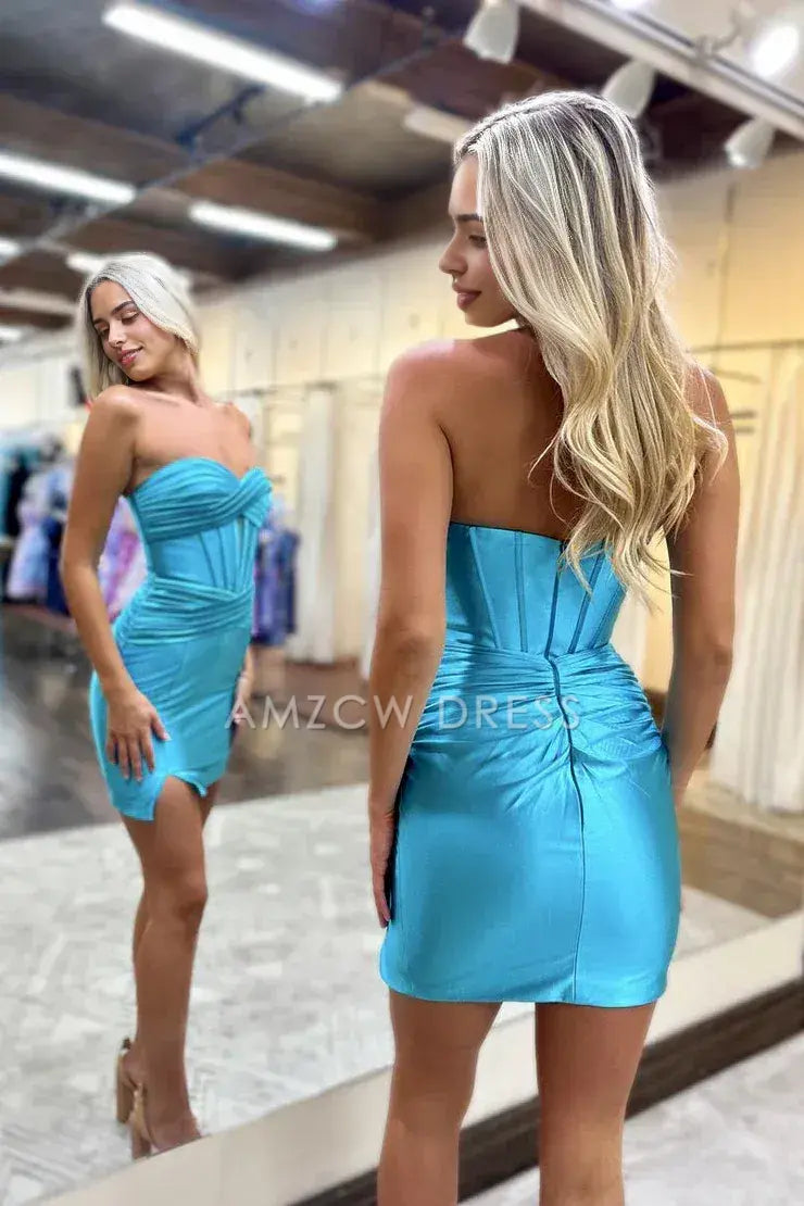 Amzcw Cute Bodycon Sweetheart Blue Sparkly Satin Short Homecoming Dresses with Slit formal wear dresses