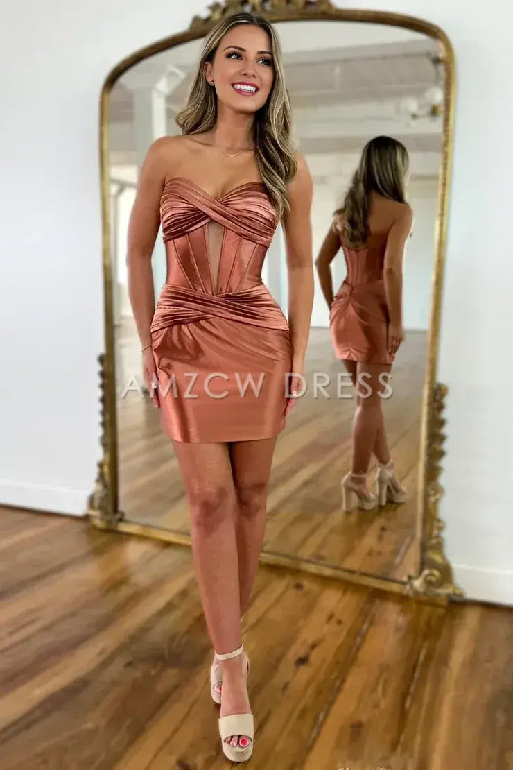 Amzcw Cute Bodycon Sweetheart Keyhole Sparkly Satin Short Homecoming Dresses