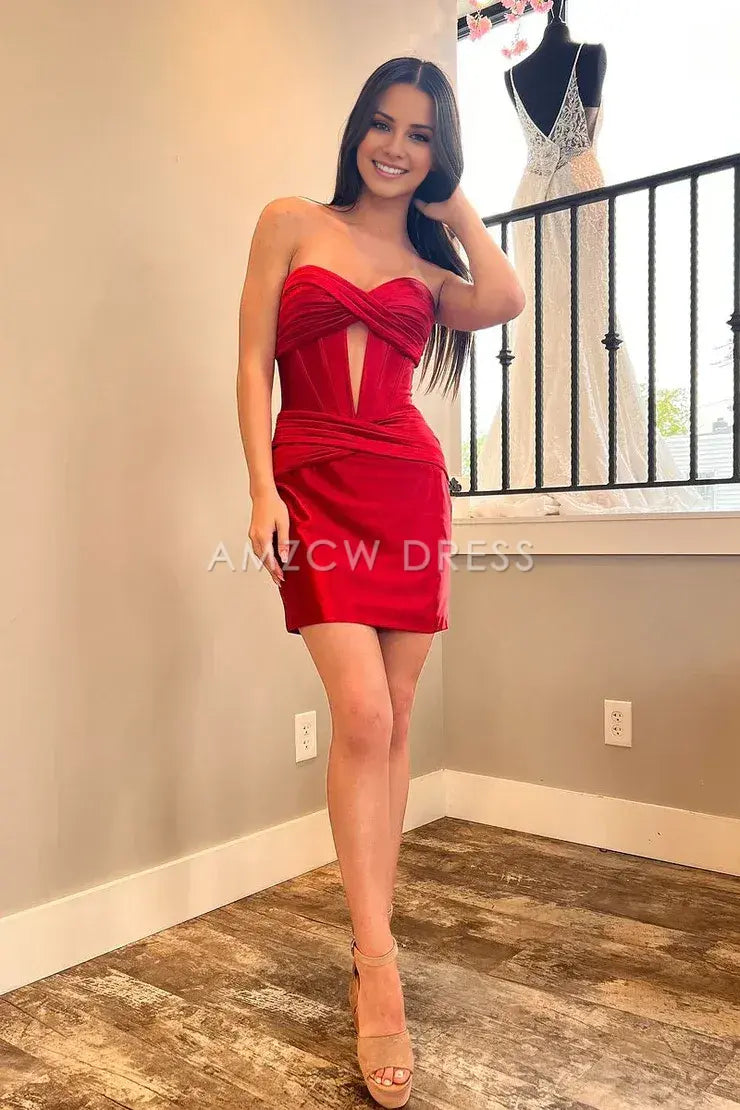 Amzcw Cute Bodycon Sweetheart Red Sparkly Satin Homecoming Dresses