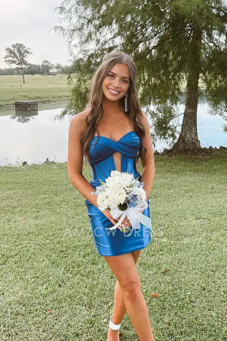 Amzcw Cute Bodycon Sweetheart Royal Blue Satin Tight Short Homecoming Dresses formal wear dresses