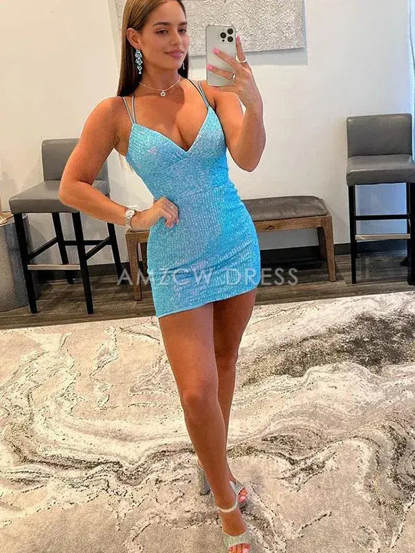 Amzcw Cute Bodycon V Neck Blue Sequins Short Homecoming Dresses formal wear dresses