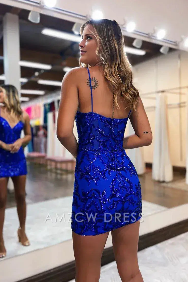Amzcw Cute Bodycon V Neck Hot Pink Sequins Short Homecoming Dresses formal wear dresses