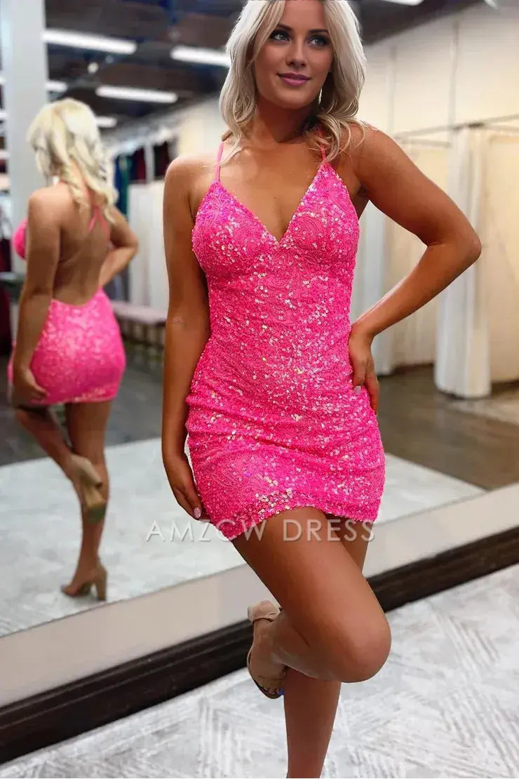 Amzcw Cute Bodycon V Neck Hot Pink Sequins Short Homecoming Dresses