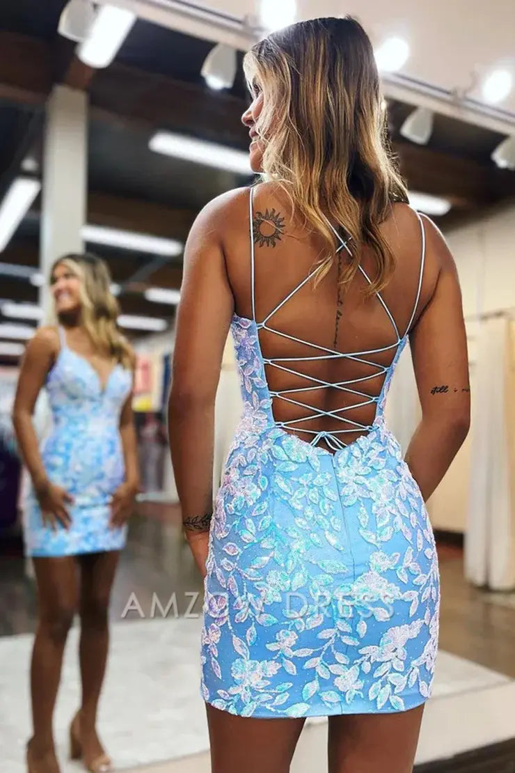Amzcw Elegant Cute Bodycon V Neck Light Blue Lace Sequins Homecoming Dresses