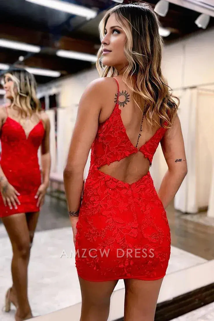 Amzcw Cute Bodycon V Neck Red Lace Short Homecoming Dresses with Beading