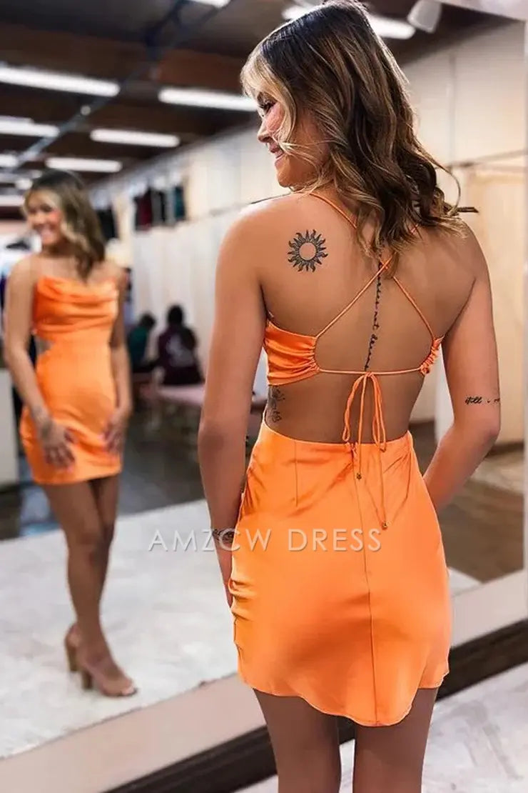Amzcw Cute Cowl Neck Orange Silk Satin Short Homecoming Dresses formal wear dresses