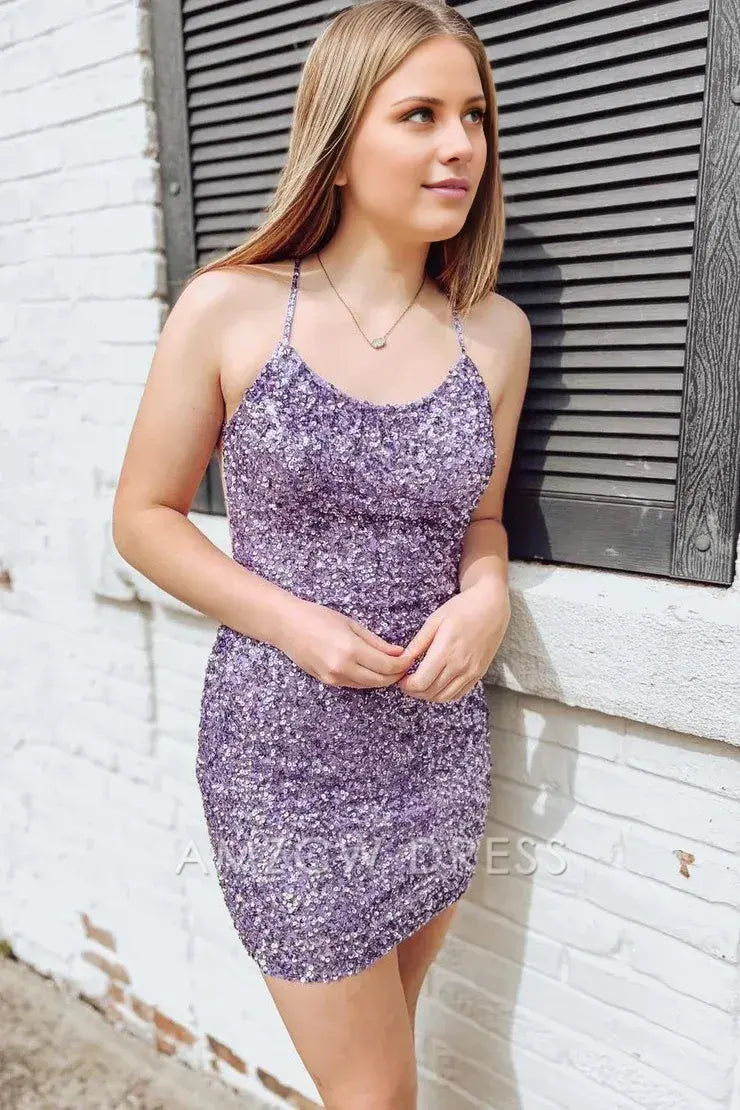 Amzcw Cute Scoop Neck Lavender Sequins Short Homecoming Dresses with Open Back formal wear dresses
