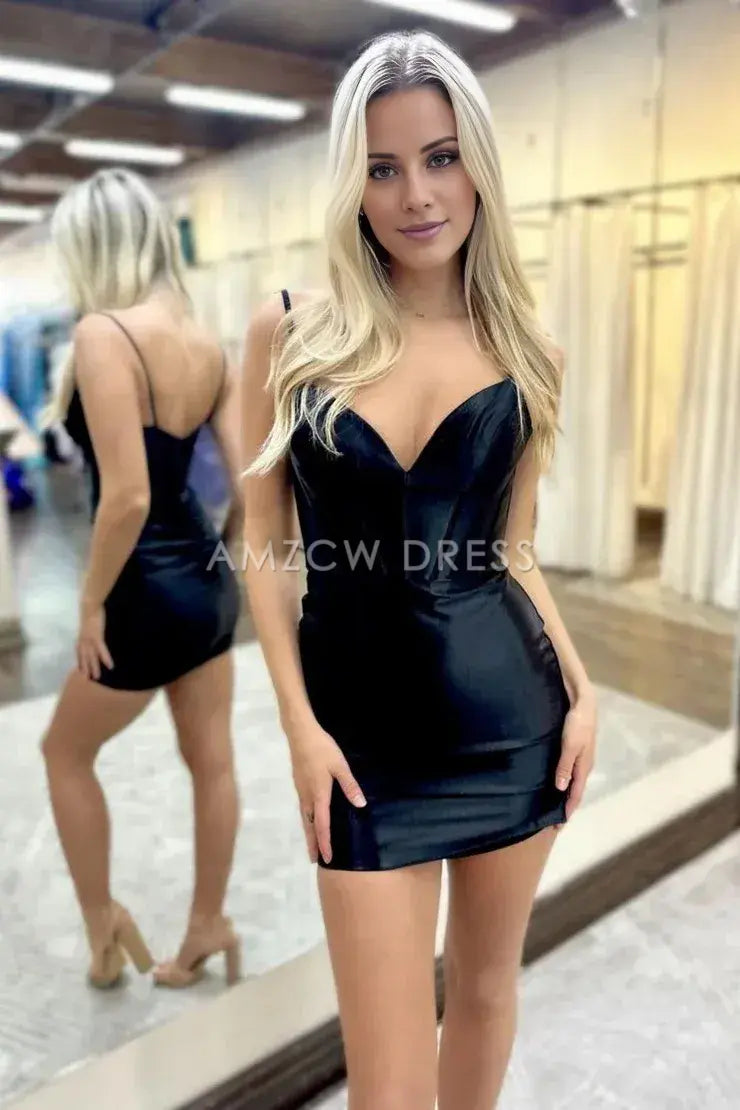 Amzcw Cute Simple Bodycon V Neck Satin Short Homecoming Dresses