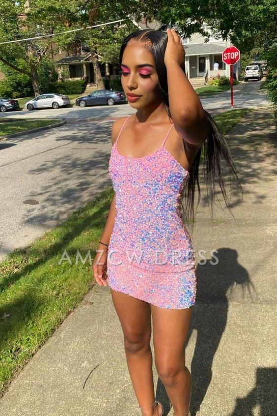 Amzcw Cute Sparkly Bodycon Straps Pink Sequins Short Hoco Dresses formal wear dresses