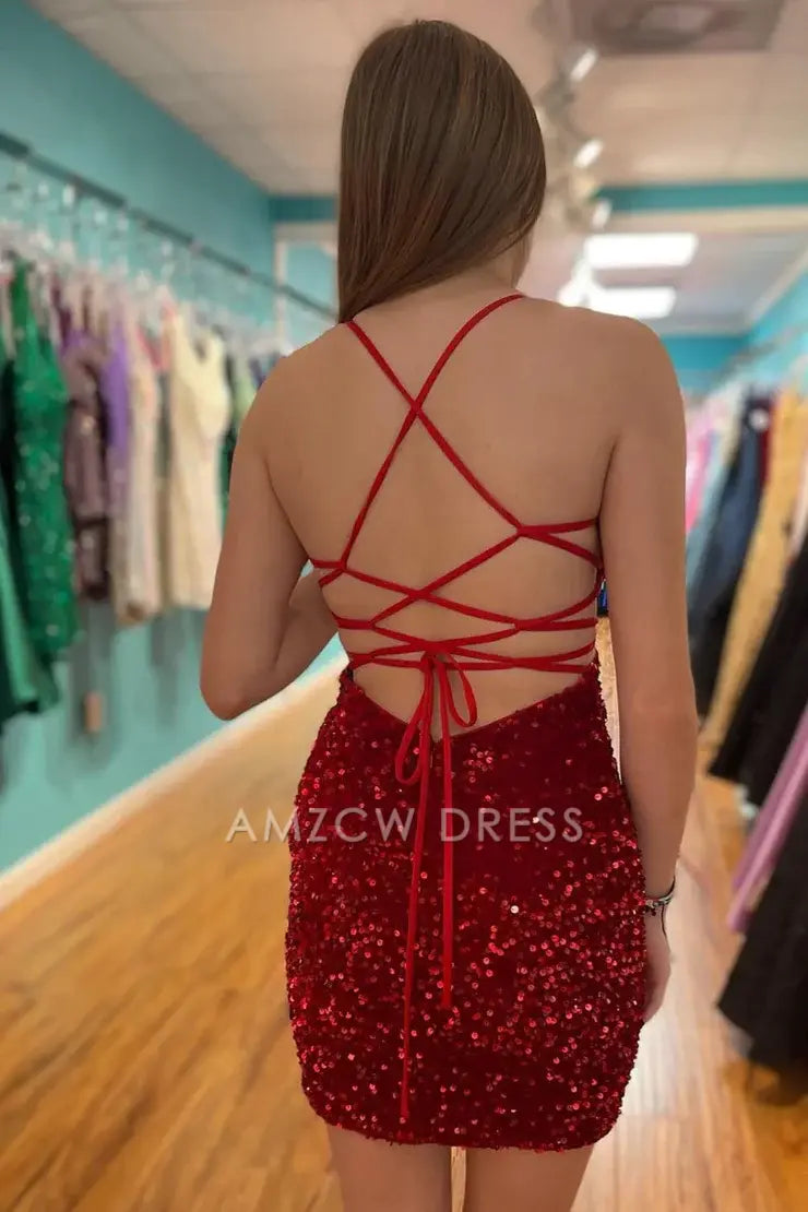 Amzcw Cute Sparkly Scoop Neck Dark Red Sequins Short Homecoming Dresses