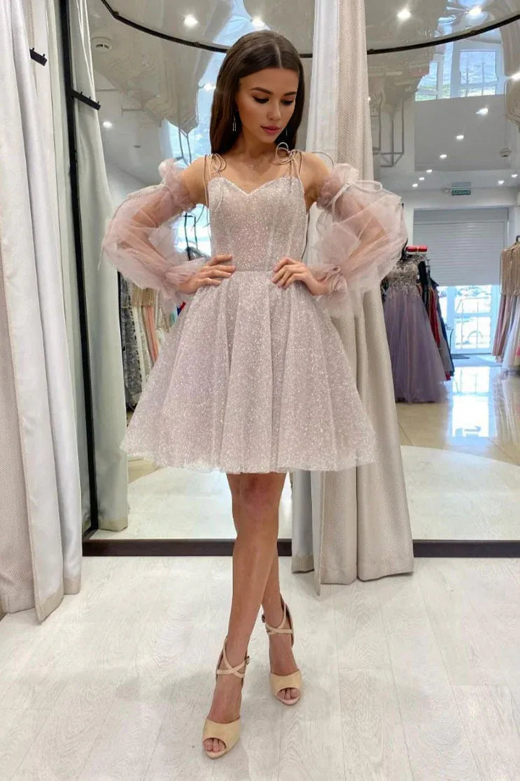 Amzcw Cute sweetheart neck tulle sequin short prom dress sequin cocktail dress formal wear dresses