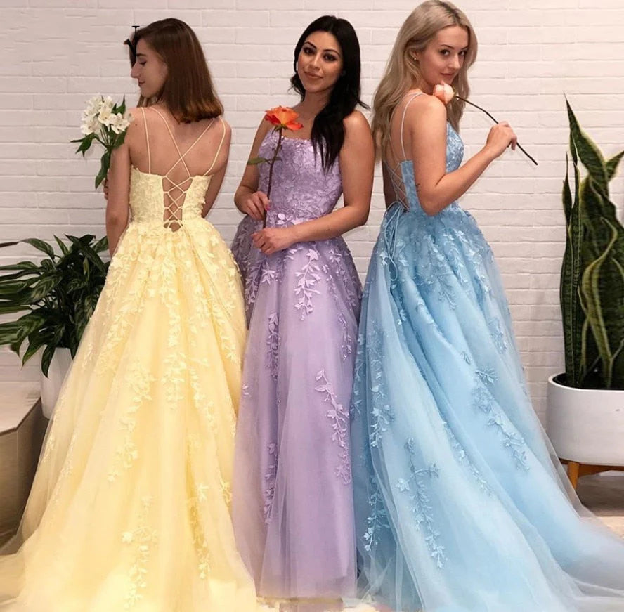 Daffodil Spaghetti Straps A-Line Tulle Long Prom Dresses With Appliques