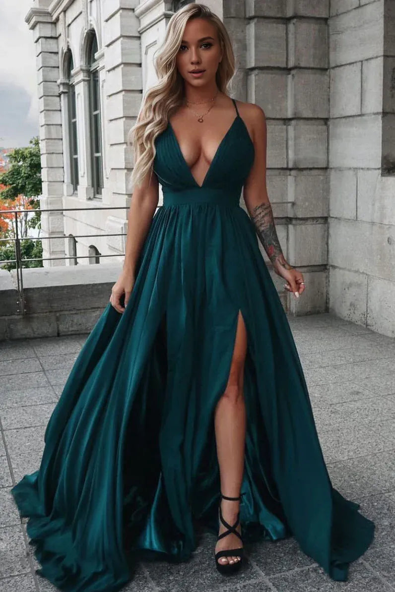 Amzcw Dark green v neck long prom dress green evening dress formal wear dresses
