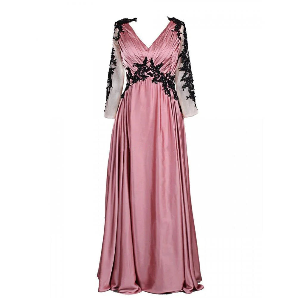 Vestido de fiesta de gasa negra y rosa con cuello en V y mangas largas con apliques