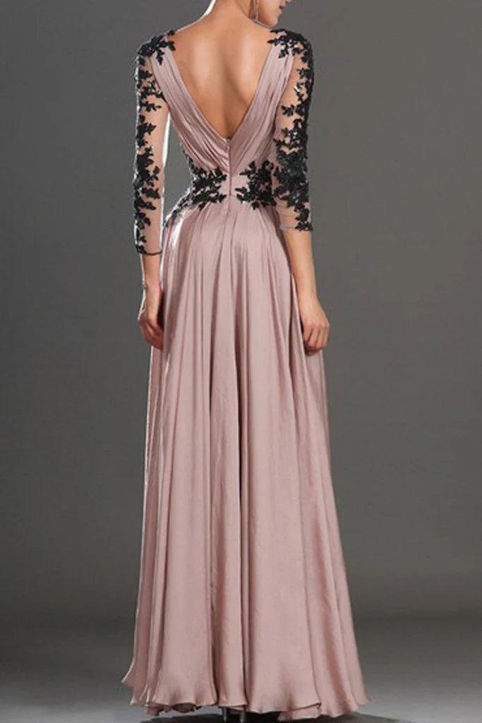 Vestido de fiesta de gasa negra y rosa con cuello en V y mangas largas con apliques