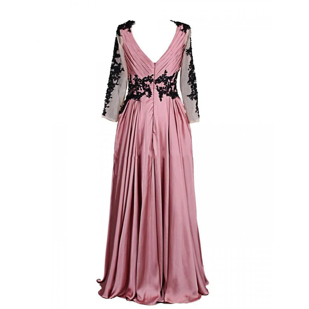 Vestido de fiesta de gasa negra y rosa con cuello en V y mangas largas con apliques