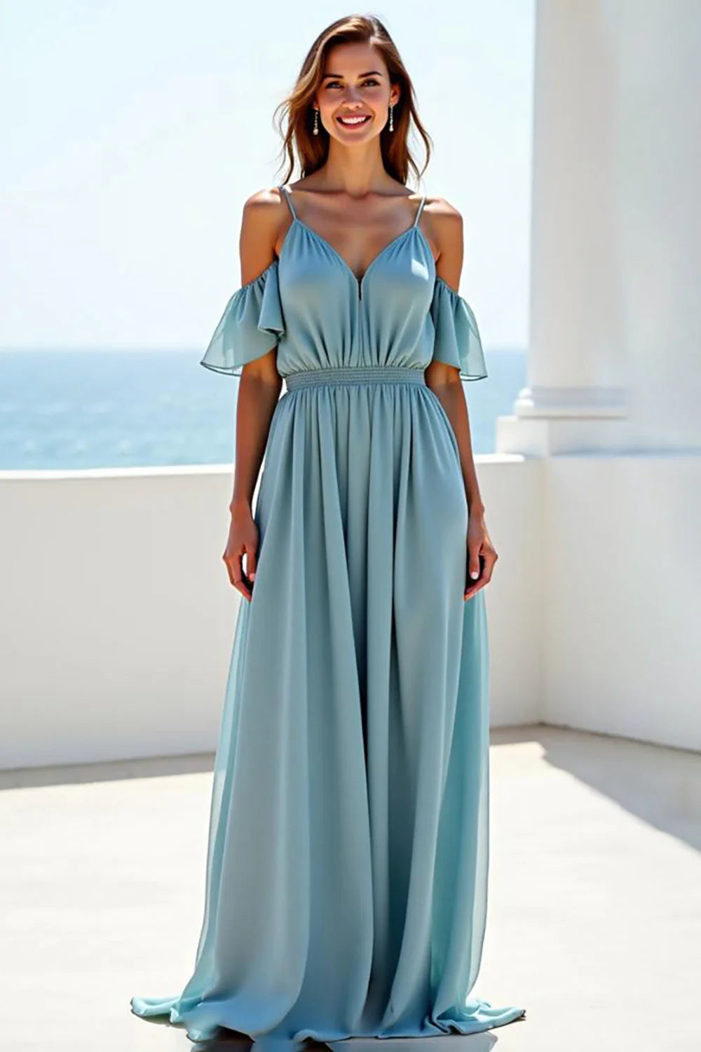 Dusty blue chiffon prom dress with spaghetti straps off-the-shoulder r