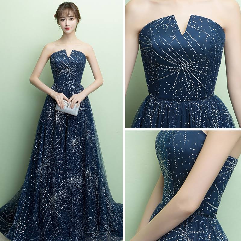 Elegante vestido de fiesta largo azul marino brillante sin tirantes de corte A