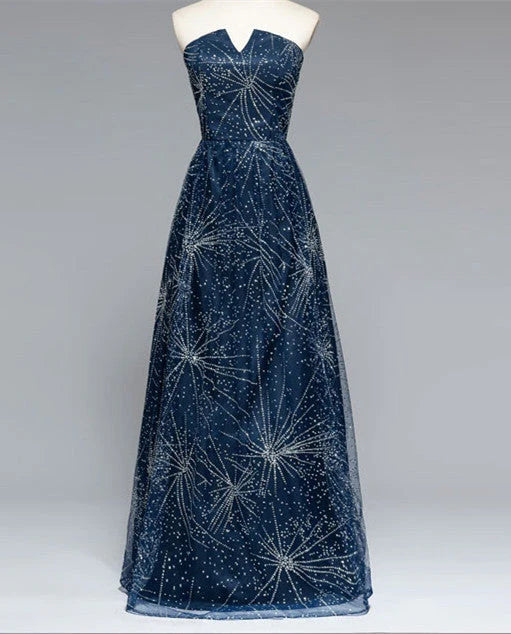 Elegante vestido de fiesta largo azul marino brillante sin tirantes de corte A