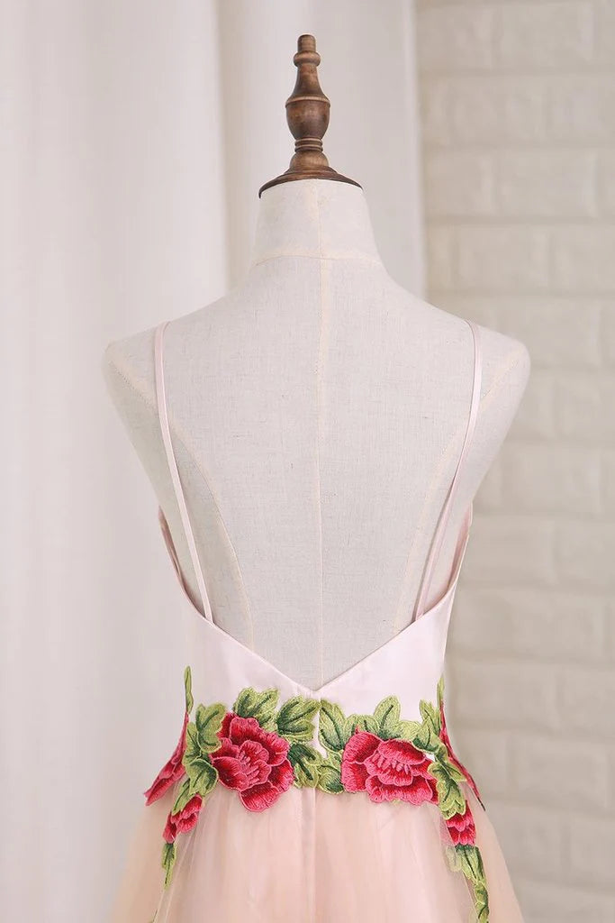 Vestidos de fiesta largos con escote en V, tirantes finos, tul, sin mangas, apliques