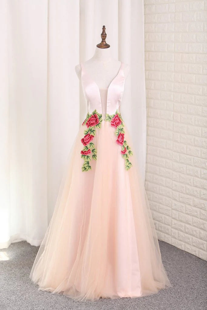 Vestidos de fiesta largos con escote en V, tirantes finos, tul, sin mangas, apliques