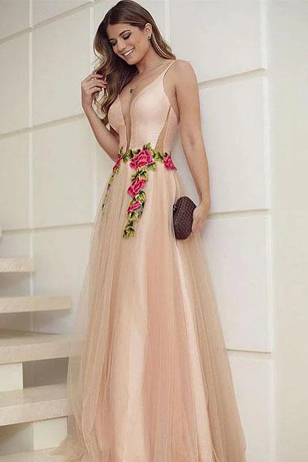 Vestidos de fiesta largos con escote en V, tirantes finos, tul, sin mangas, apliques