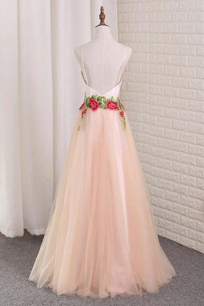 Vestidos de fiesta largos con escote en V, tirantes finos, tul, sin mangas, apliques