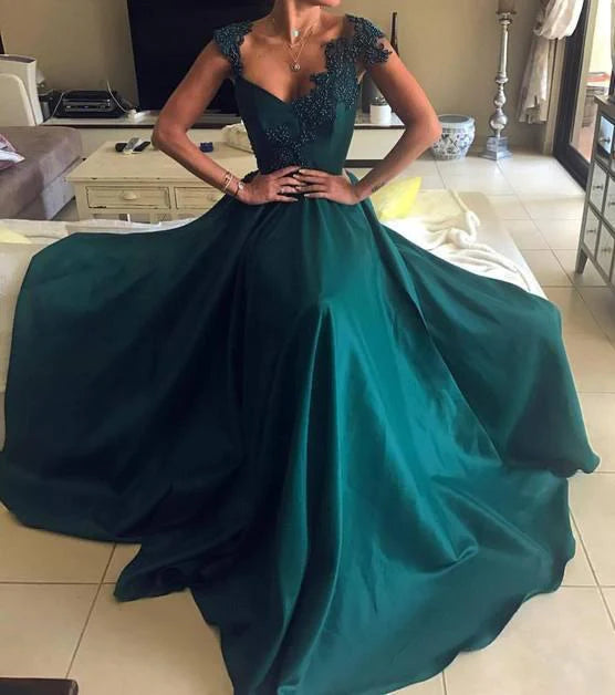 Elegante vestido de fiesta de satén largo con escote en V y espalda abierta en verde pavo real con cuentas