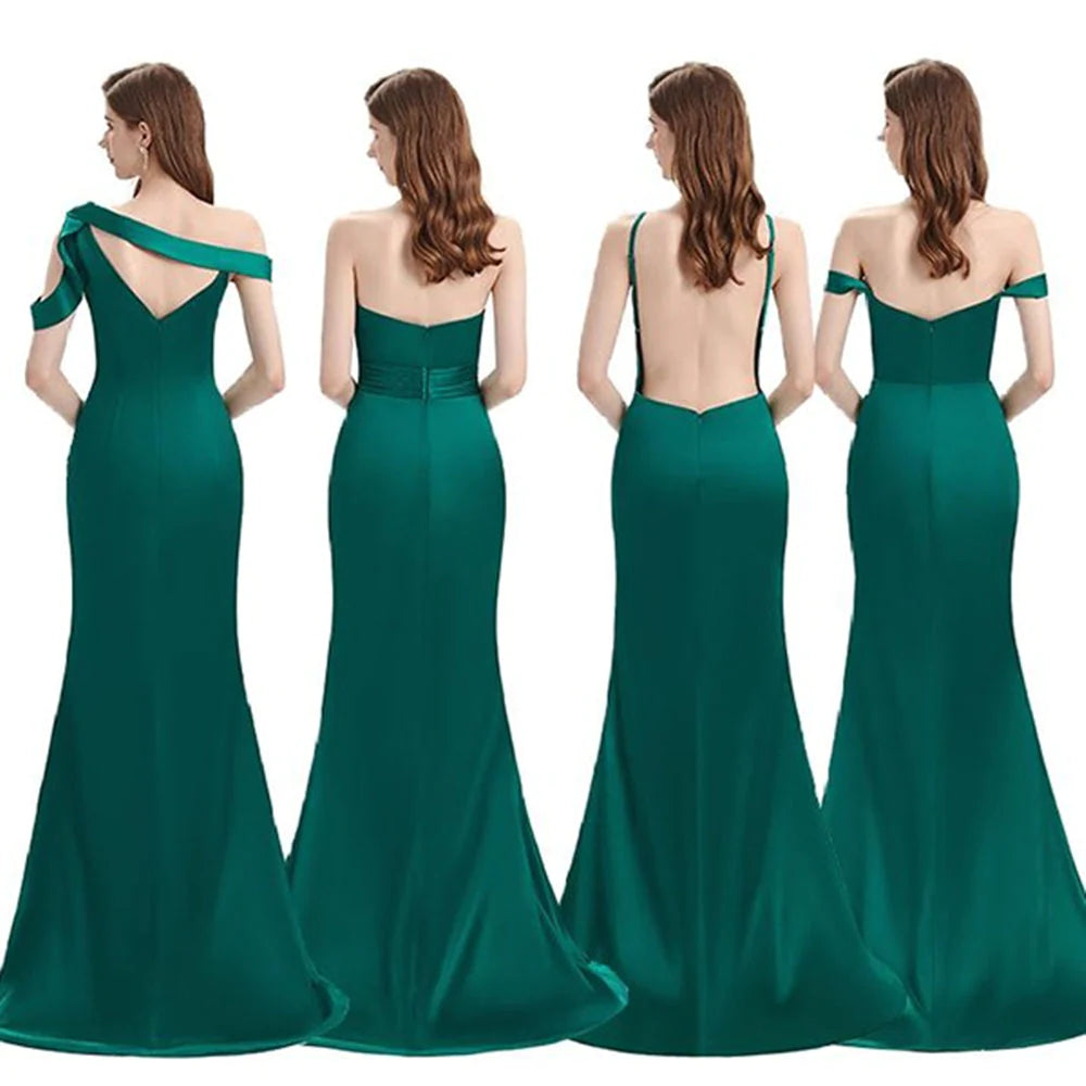 Elegantes vestidos de dama de honor de satén verde con abertura lateral y corte sirena mixto