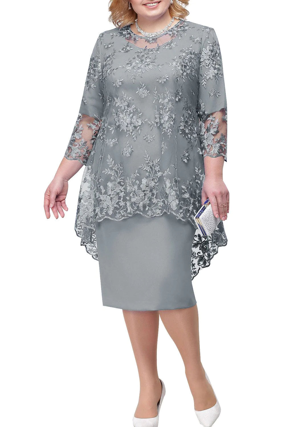 Elegancka sukienka dla matki panny młodej w dużym rozmiarze, sięgająca do kolan, z koronkową marynarką