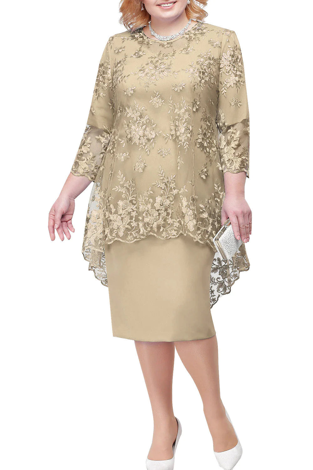 Elegancka sukienka dla matki panny młodej w dużym rozmiarze, sięgająca do kolan, z koronkową marynarką