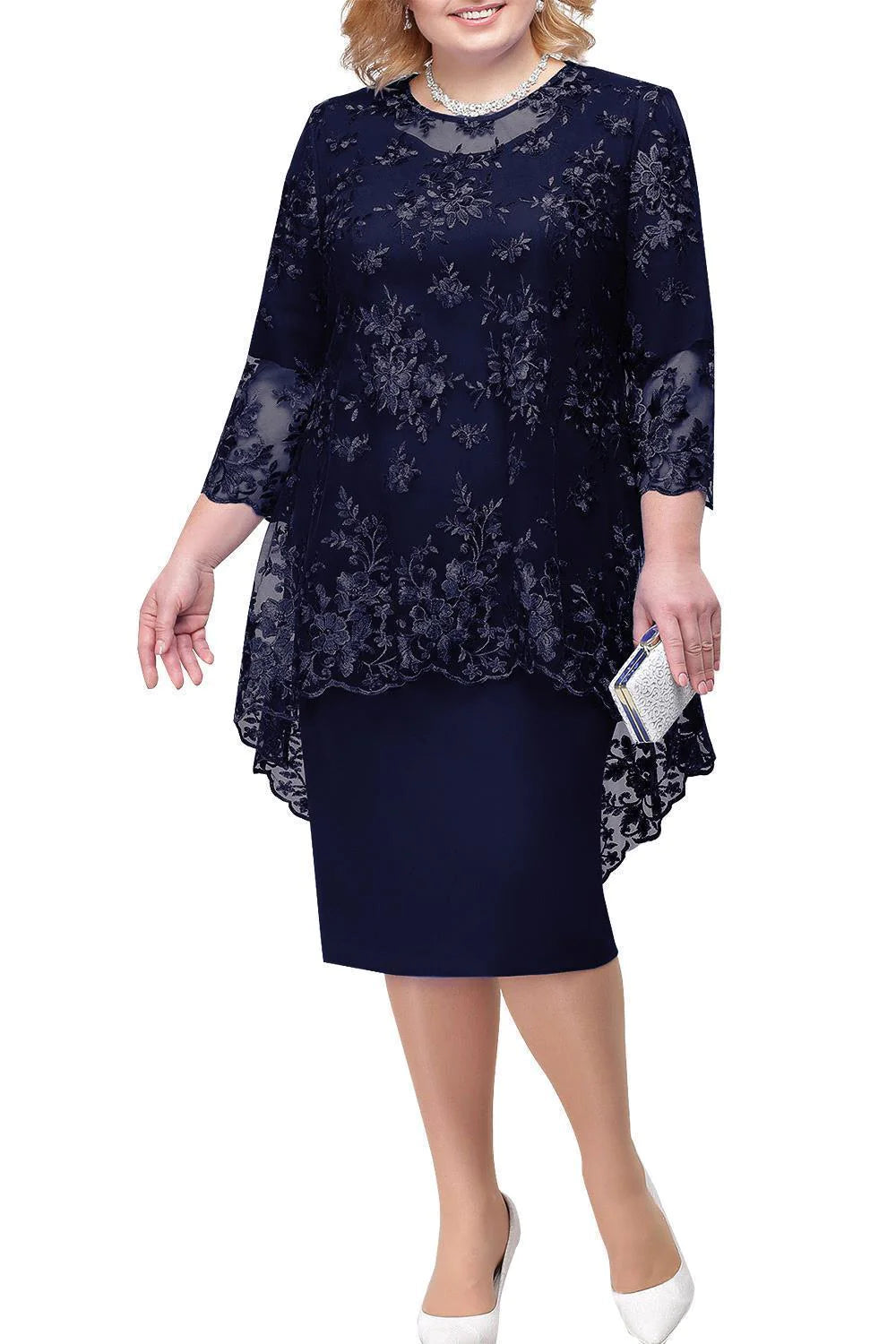 Elegancka sukienka dla matki panny młodej w dużym rozmiarze, sięgająca do kolan, z koronkową marynarką
