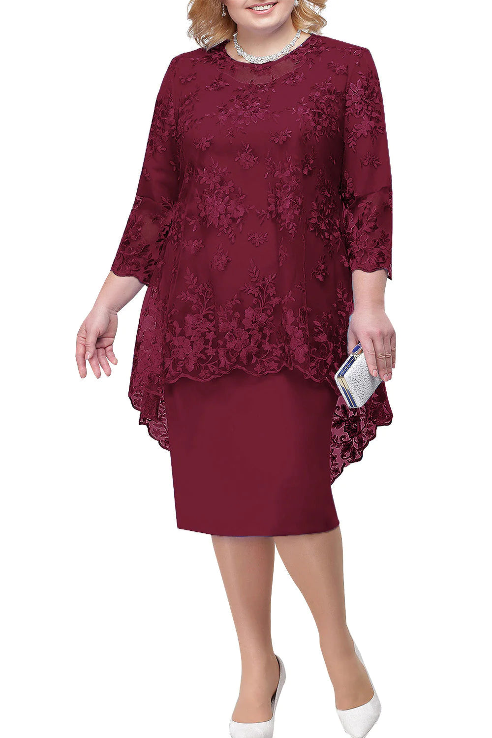 Elegancka sukienka dla matki panny młodej w dużym rozmiarze, sięgająca do kolan, z koronkową marynarką