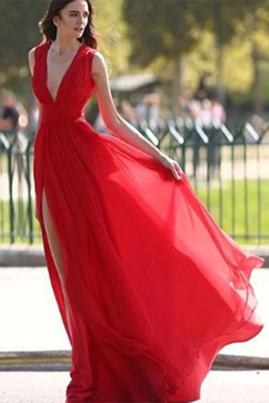 Elegante vestido de fiesta rojo con escote en V y abertura, corte A, de gasa, sexy, largo hasta el suelo
