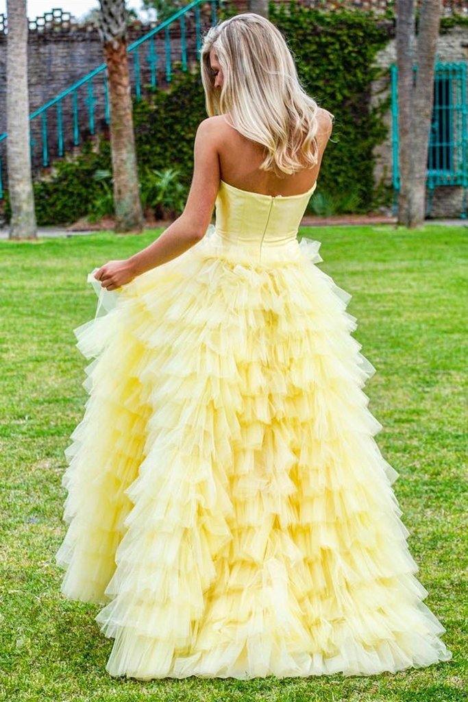 Elegantes vestidos de fiesta amarillos sin tirantes hasta el suelo, vestidos de quinceañera