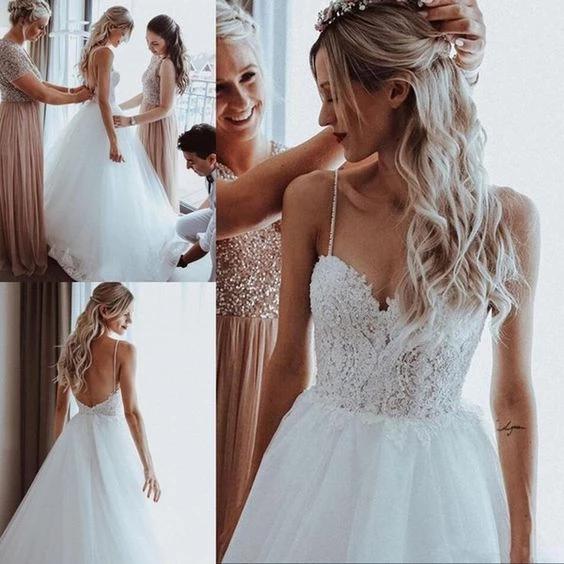V Neck Beaded Appliqued A-line Wedding Dresses