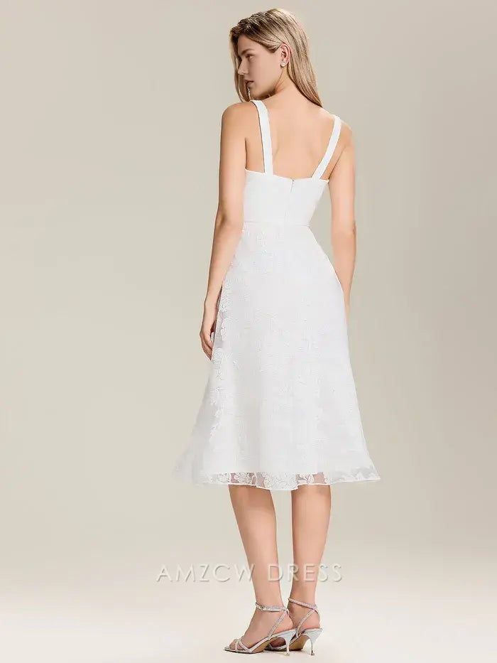 Elegant A-Line Mesh Square Neck Floral Lace Midi Dress Prom Dress