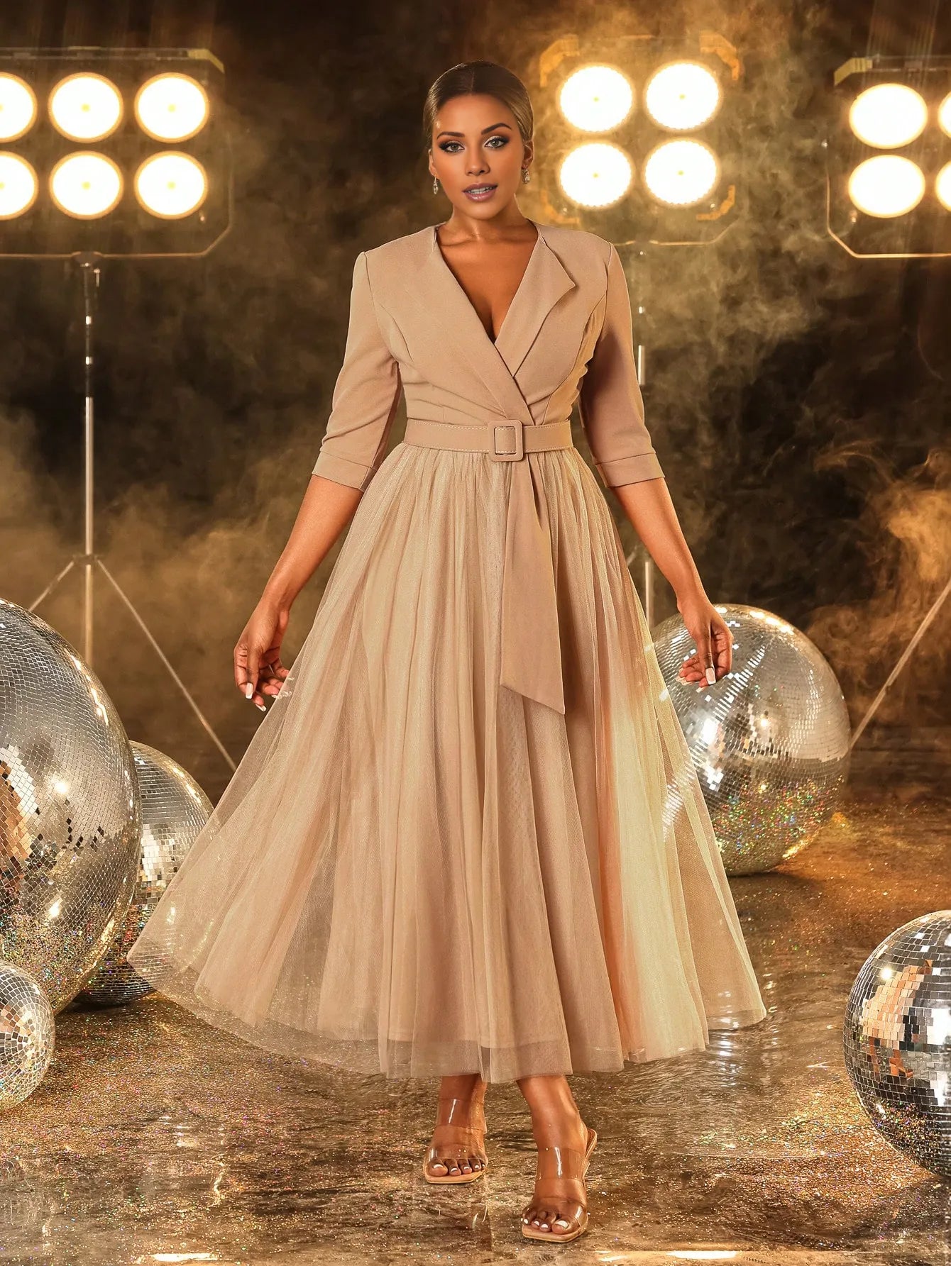 Elegant A-Line/Princess Blazer-Style 3/4 Sleeve Tulle Midi Dress Prom Dress