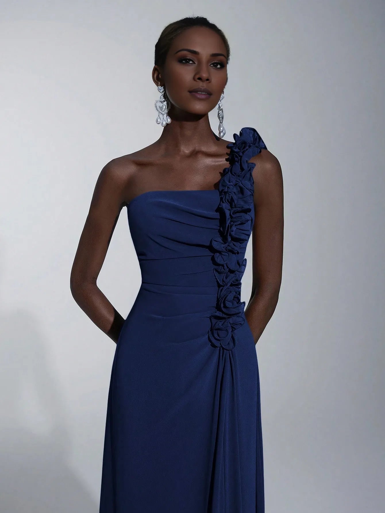 Elegant A-Line/Princess One-Shoulder Floral-Embellished Chiffon Maxi Dress Prom Dress