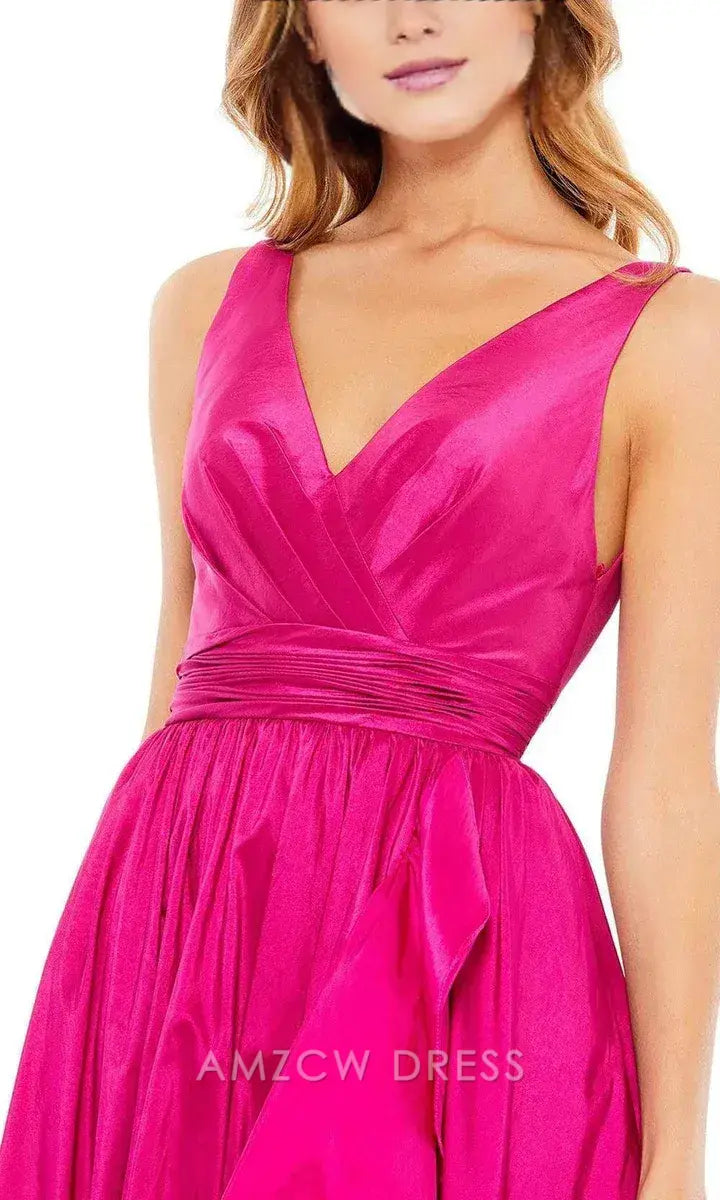 Elegant A-Line/Princess V-Neck Sleeveless Ruffled High-Low Satin Maxi Dress Prom Dress