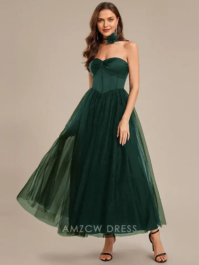 Elegant A-Line Strapless Corset Bodice Tulle Midi Dress with Halter Back Prom Dress