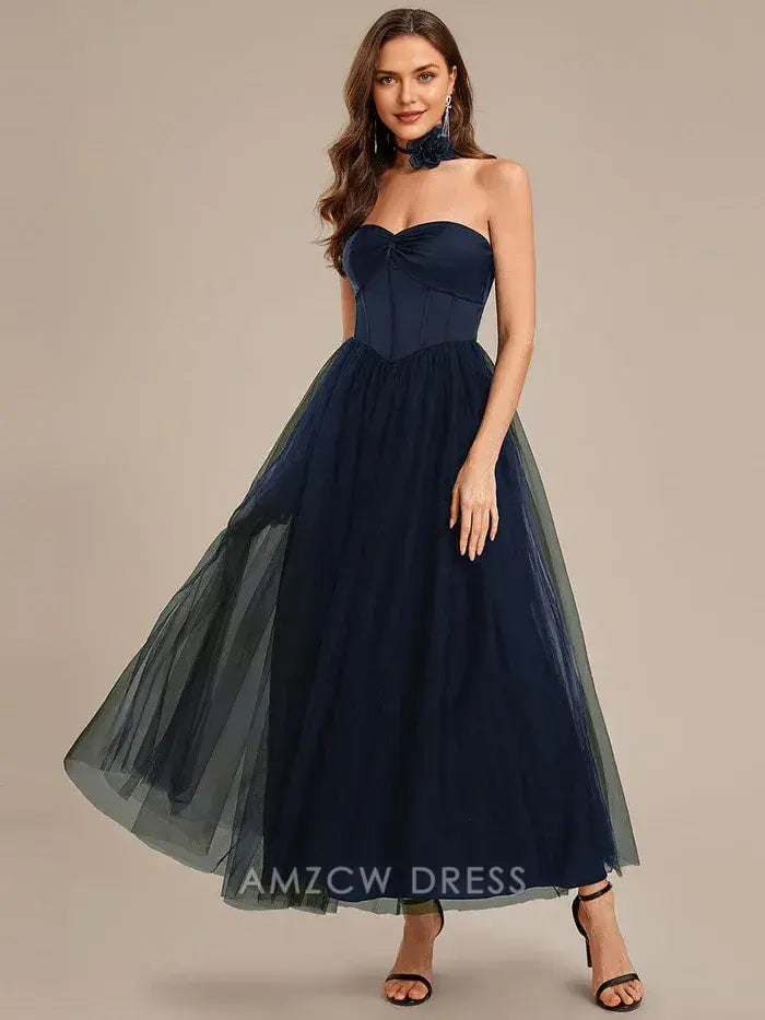 Elegant A-Line Strapless Corset Bodice Tulle Midi Dress with Halter Back Prom Dress