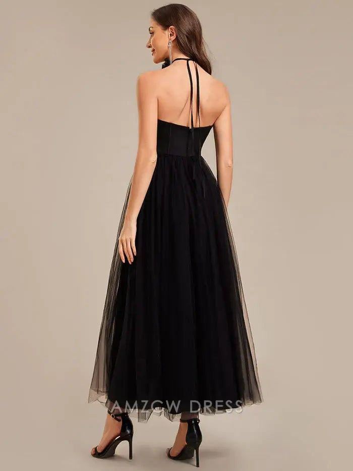 Elegant A-Line Strapless Corset Bodice Tulle Midi Dress with Halter Back Prom Dress